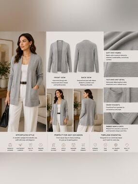 Time and Tru Open-Front Light Gray Pocket Cardigan